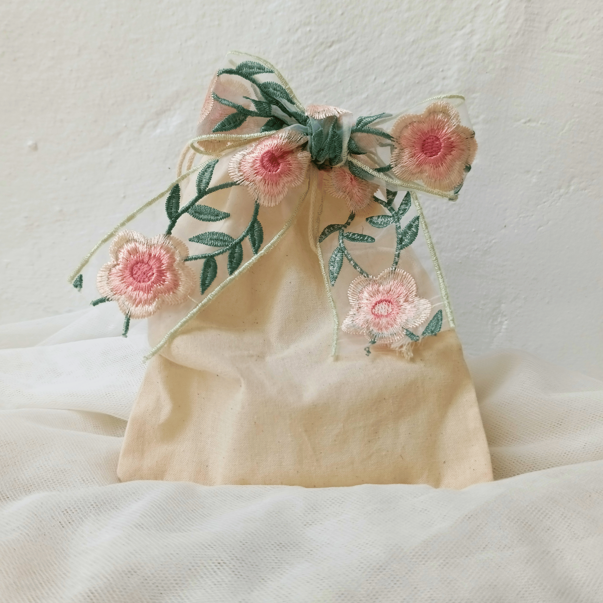 Fabric drawstring Bag with Pretty Embroidered Ribbon